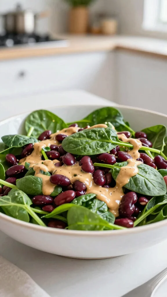 18 Dense Bean Salad Recipes for Easy High-Protein Lunches - 15. Bean and Spinach Salad with Tahini Dressing 1