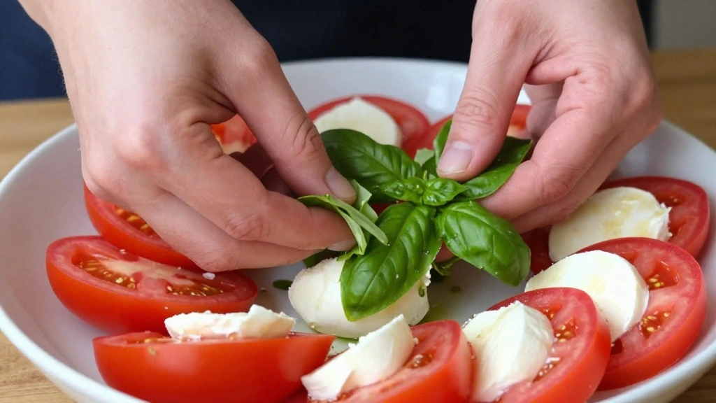 Simple Caprese Salad Recipe with Fresh Mozzarella and Basil - Step 4: Add Basil Leaves 1