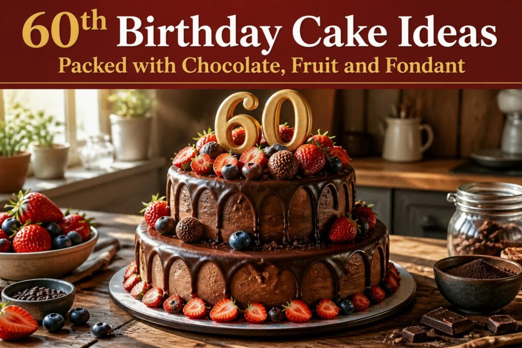 Various 60th birthday cakes with chocolate, fruit, and fondant decorations.