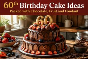 Various 60th birthday cakes with chocolate, fruit, and fondant decorations.