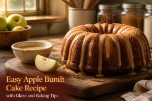 A golden-brown apple bundt cake with glaze on a wooden countertop.