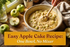 Freshly baked apple cake with caramelized apple bits on top.