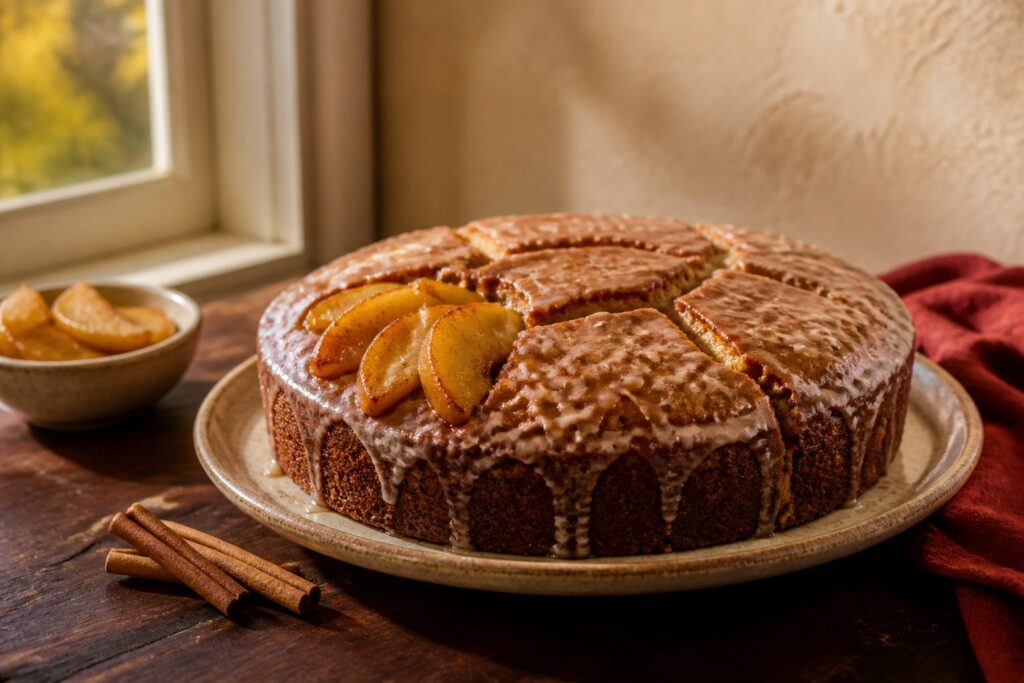 A close-up of a moist apple cider cake with a shiny glaze.