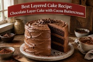 A chocolate layer cake with cocoa buttercream frosting on a wooden table.