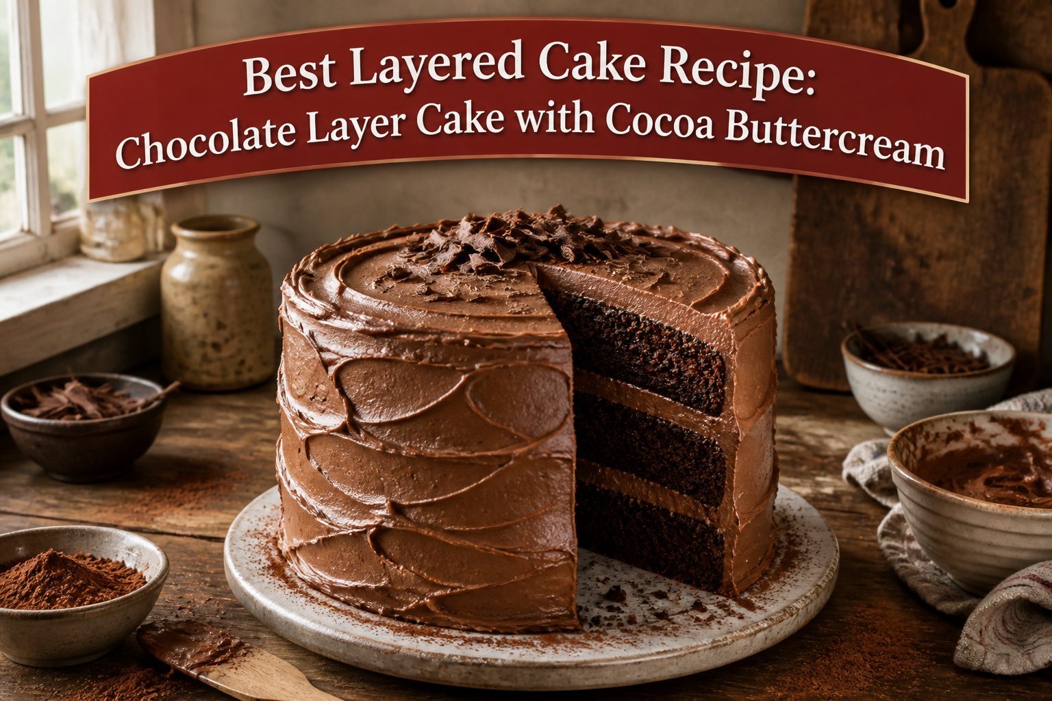 A chocolate layer cake with cocoa buttercream frosting on a wooden table.