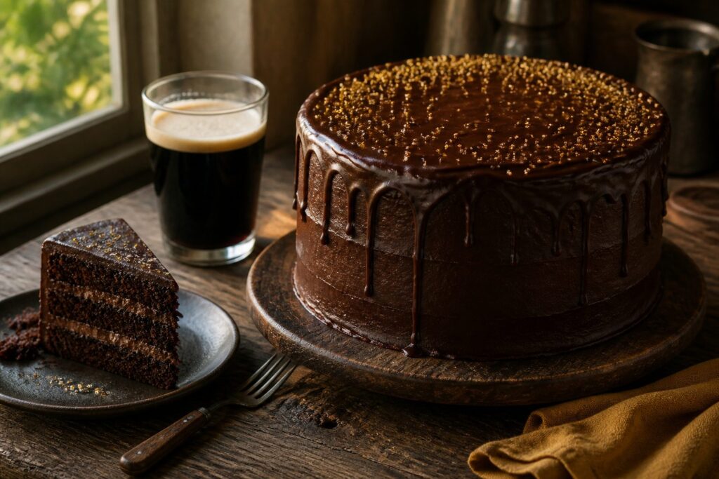Chocolate stout cake with glossy frosting displayed on a wooden table.