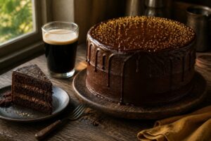 Chocolate stout cake with glossy frosting displayed on a wooden table.