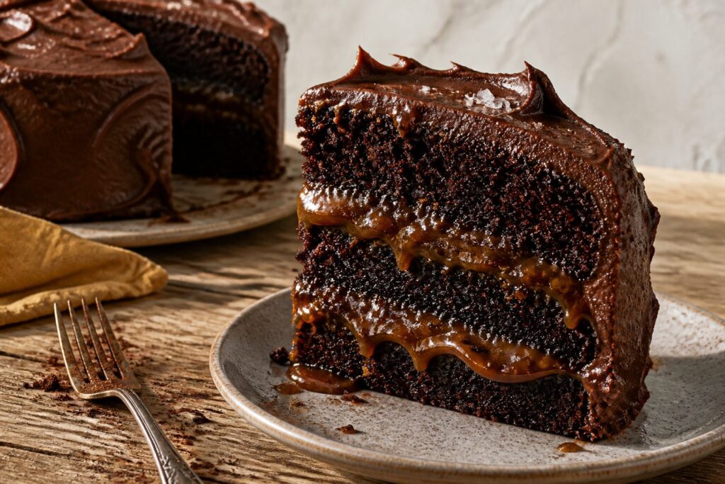 Chocolate cake topped with caramel sauce and decorative elements.