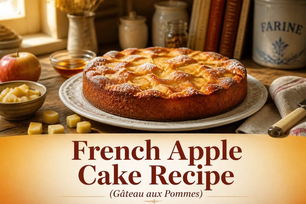 A freshly baked French apple cake with a dusting of sugar on top.