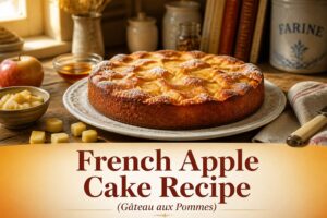A freshly baked French apple cake with a dusting of sugar on top.