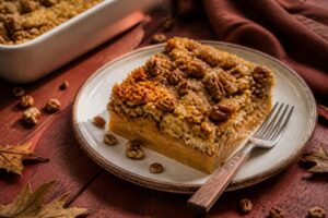 A golden-brown pumpkin crunch cake in a baking dish.